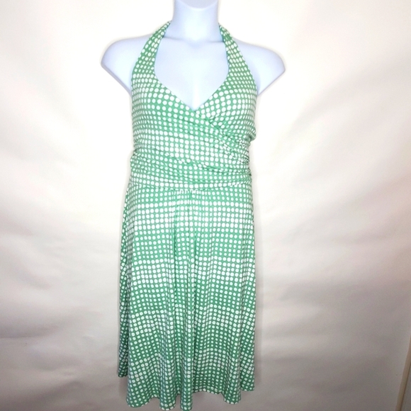 Boden Halter Neck Midi Dress Size 14 Polka Dot Green and White Stretch Viscose - Picture 1 of 15